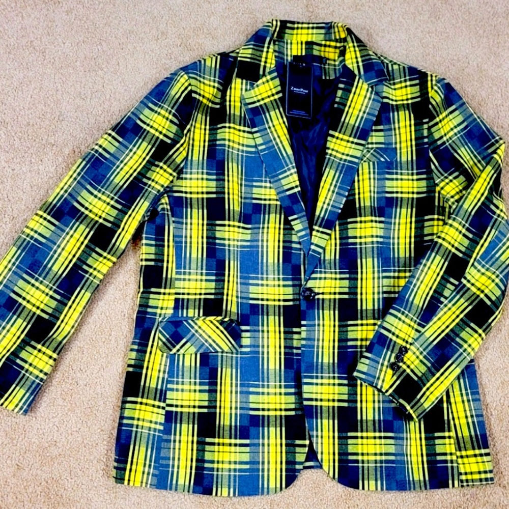 Men’s one button Dress Blazer XXXL. Yellow  plaid with one button suit Jacket